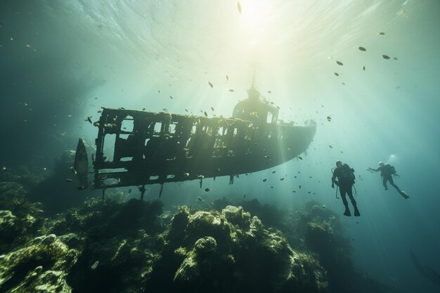 Fotografia di persone che si tuffano sotto l'acqua in relitti storici