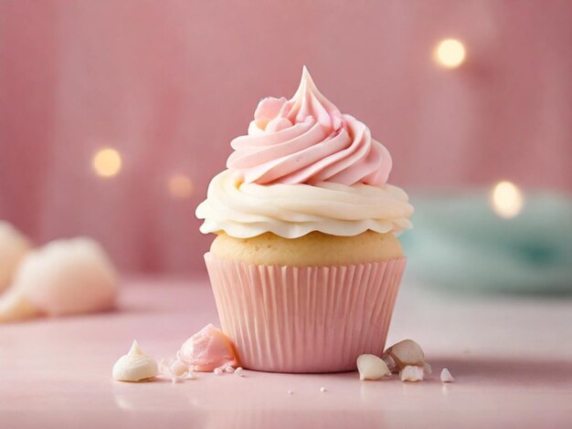 fotografia di prodotto di cupcake alla vaniglia con sfondo sfumato rosa