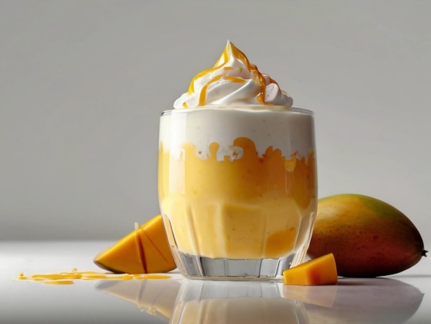 fotografia di prodotto di frullato di mango in vetro con sfondo bianco