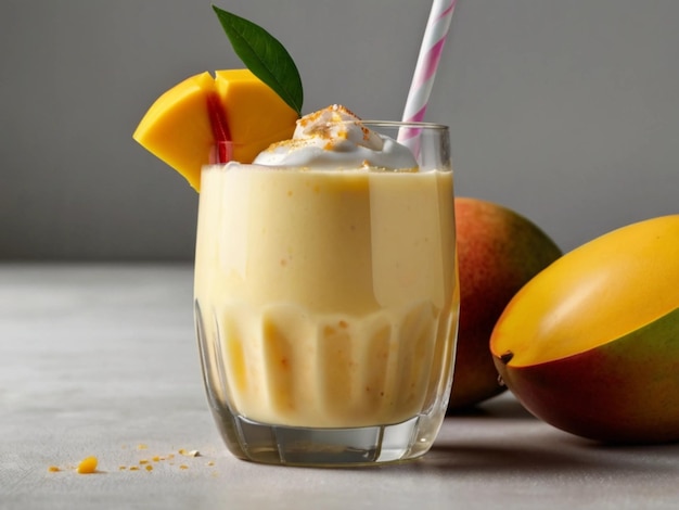 fotografia di prodotto di frullato di mango in vetro con sfondo bianco