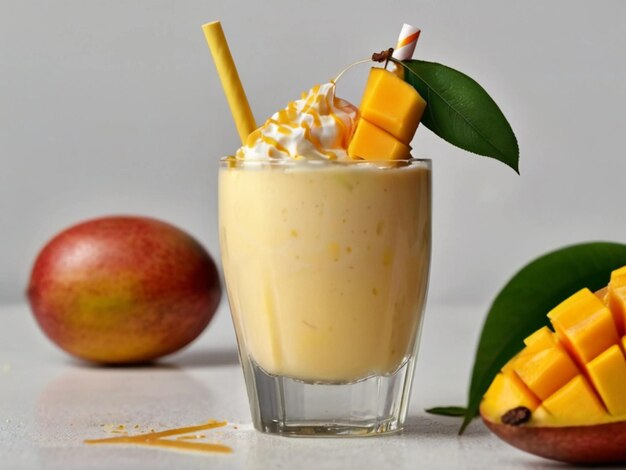 fotografia di prodotto di frullato di mango in vetro con sfondo bianco