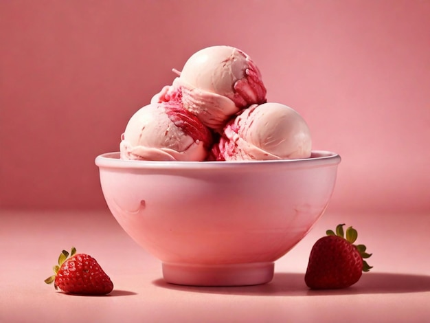 Fotografia di prodotto di gelato alla fragola in una ciotola con sfondo rosa.