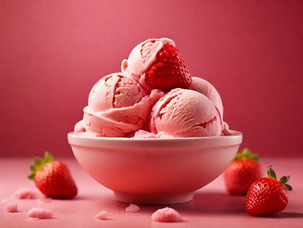 Fotografia di prodotto di gelato alla fragola in una ciotola con sfondo rosso.