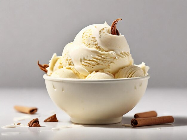 Fotografia di prodotto di gelato alla vaniglia in una ciotola con sfondo bianco.