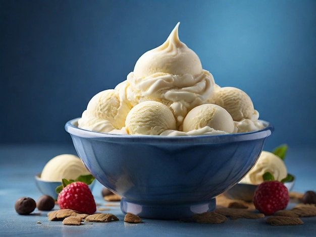 Fotografia di prodotto di gelato alla vaniglia in una ciotola con sfondo blu.