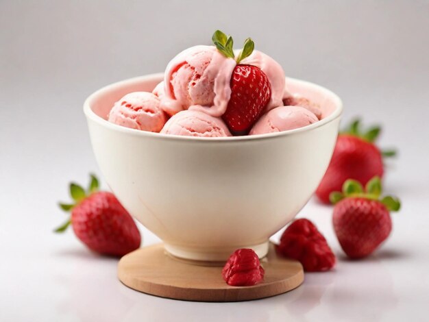 Fotografia di prodotto di gelato di fragole in una ciotola con sfondo bianco.