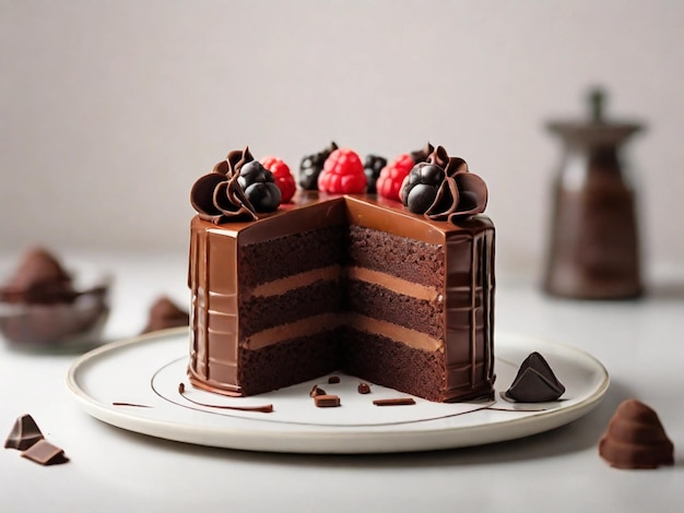 Fotografia di prodotto di torta al cioccolato su sfondo bianco.