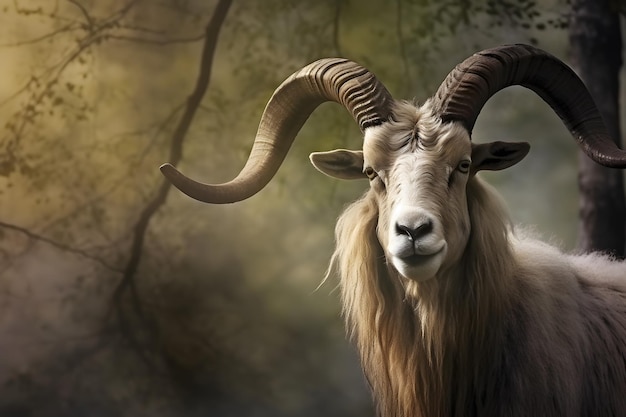 Fotografia di ritratto della capra di montagna dell'Altai nella foresta