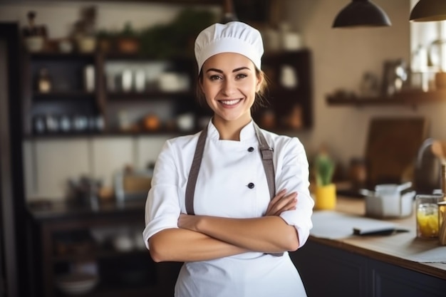 fotografia di ritratto di chef donna con le braccia incrociate che indossa un abito bianco in cucina