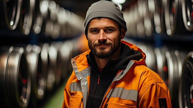 fotografia di ritratto di operaio con rotoli di lastre di acciaio galvanizzato all'interno della fabbrica o del magazzino.