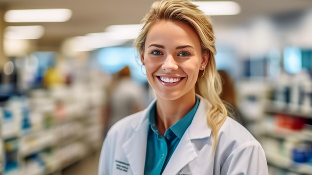 fotografia di Ritratto sorridente di una bella farmacista in un negozio di farmacia