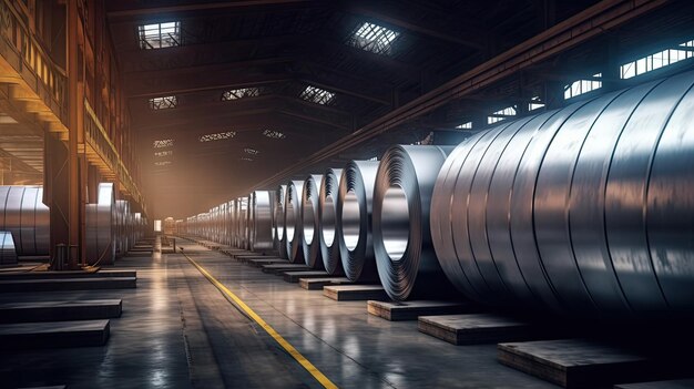 fotografia di rotoli di lastre di acciaio galvanizzato all'interno della fabbrica o del magazzino.