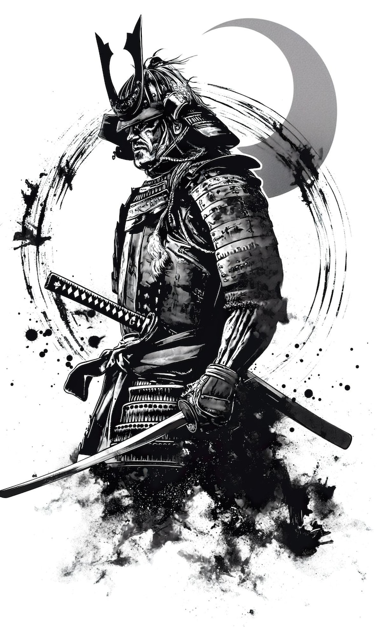 Foto fotografia di samurai imponenti in stile guerriero di grigio scuro e cremisi