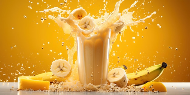 Fotografia di sfondo alimentare quadrato frullato sano di banane in bicchiere con spruzzi e banane sulla tavola
