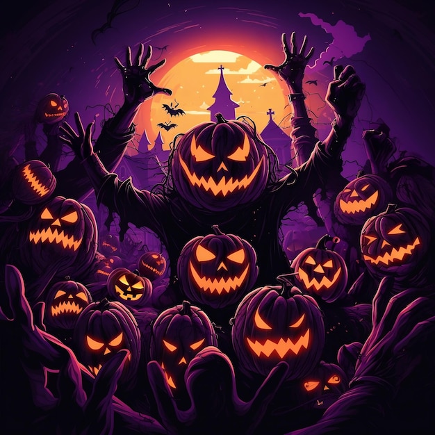 Fotografia di sfondo della festa di Halloween con le zucche malvagie del castello spettrale per il giorno di Halloween