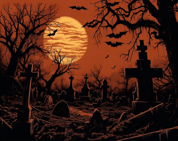 Fotografia di sfondo di Halloween con cimitero di notte per il concetto di giorno di Halloween