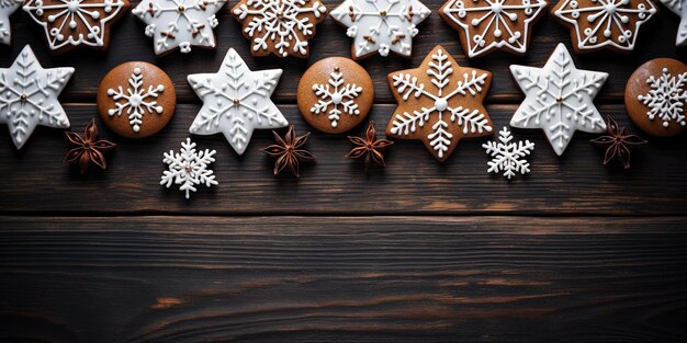 Fotografia di sfondo di molti biscotti di pan di zenzero con decorazione di glassa bianca su una tavola di legno scura