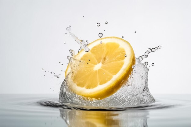 Fotografia di spruzzi d'acqua con fetta di limone ai generativa