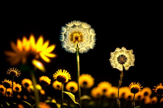 Fotografia di tarassaco guardando l'alba e il tramonto attraverso i fiori di tarassaco così belli