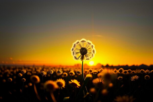 Fotografia di tarassaco guardando l'alba e il tramonto attraverso i fiori di tarassaco così belli