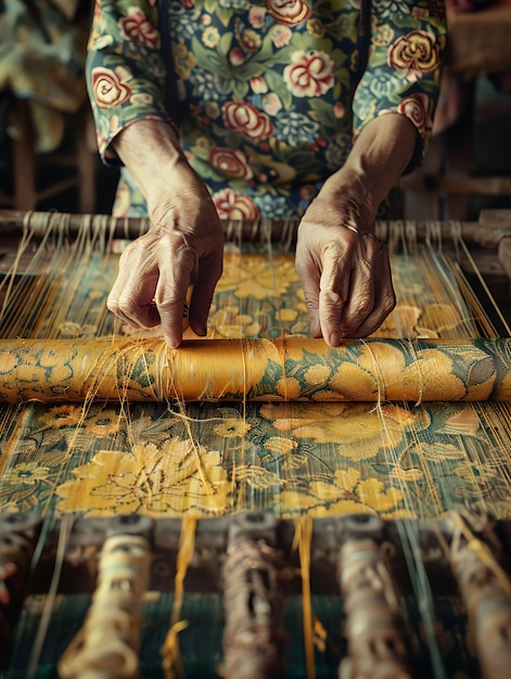 Fotografia di tessitori di seta che dimostrano l'arte della tessitura della seta in un mercato tradizionale e culturale di Mark