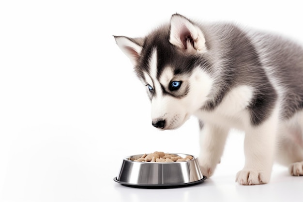 Fotografia di un adorabile cucciolo di husky siberiano che mangia cibo da una ciotola isolata su un copyspace bianco