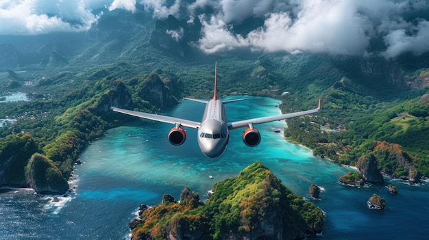fotografia di un aereo che vola sopra un'isola tropicale esotica