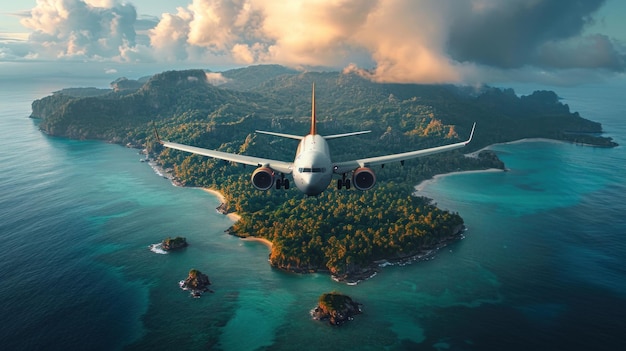 fotografia di un aereo che vola sopra un'isola tropicale esotica