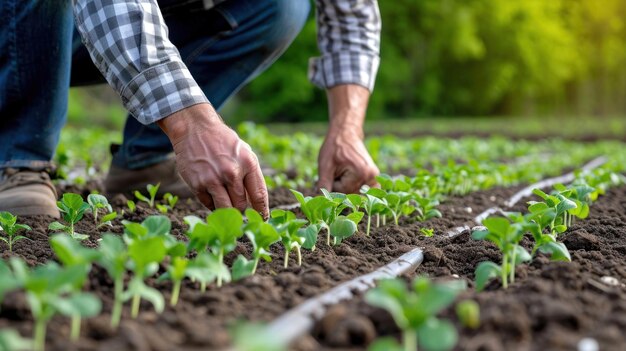 Fotografia di un agricoltore che ispeziona le file di semi appena germogliati