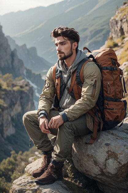 Fotografia di un attraente uomo biondo con una borsa di montagna