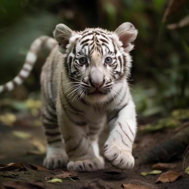 Fotografia di un bambino tigre bianco in corsa da vicino