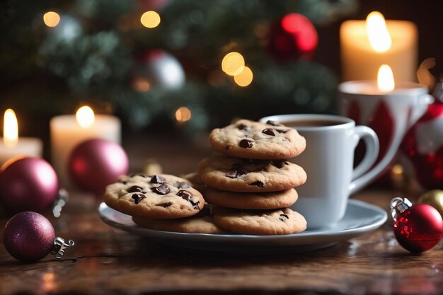 Fotografia di un biscotto di Natale su un piatto con una tazza di caffè sullo sfondo di Natale