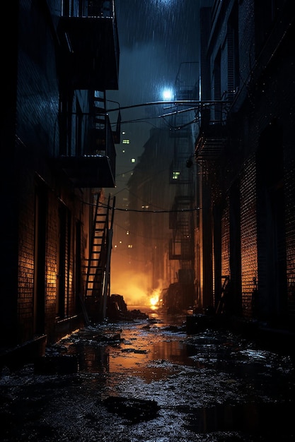 fotografia di un buio vicolo di Chicago in un buio umido con un'esplosione in un appartamento