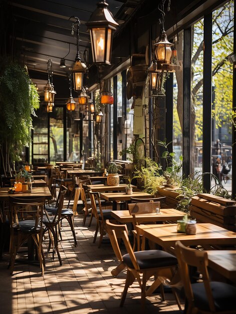 Fotografia di un caffè all'aperto alla luce del giorno con un'illuminazione liscia generata dall'AI