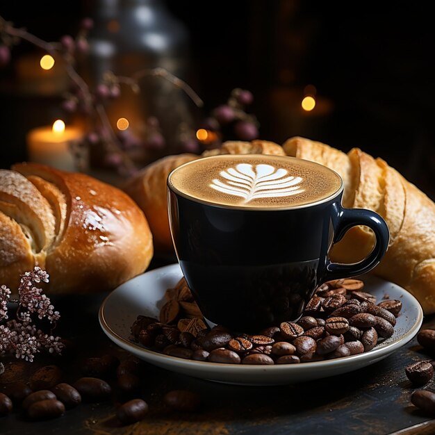 fotografia di un caffè attorno a cereali, frutta e croissant