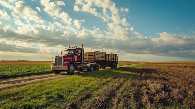 Fotografia di un camion agricolo dotato di un rimorchio per il trasporto di macchinari pesanti