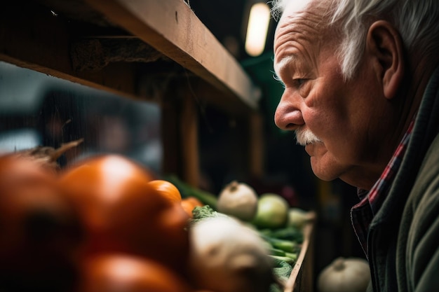 Fotografia di un cliente in un mercato agricolo che guarda i prodotti creati con l'AI generativa
