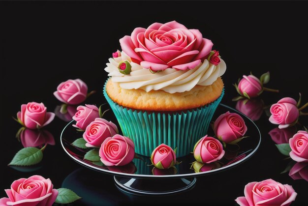 Fotografia di un cupcake dolce decorato con rose