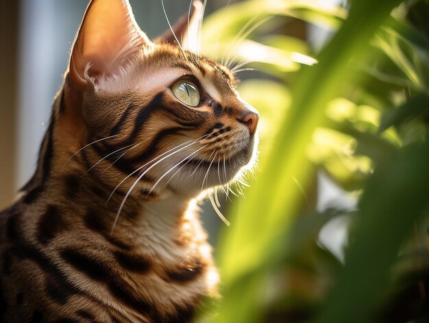 Fotografia di un gatto del Bengala con dettagli epici in un ambiente luminoso