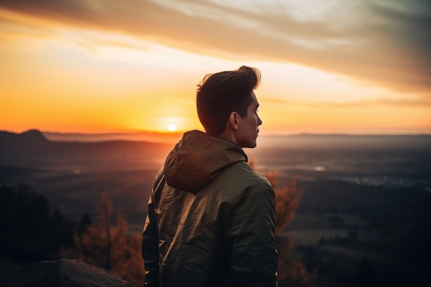 Fotografia di un giovane che ammira la vista al tramonto