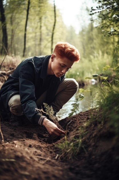 Fotografia di un giovane che lavora a un progetto ambientale creato con l'AI generativa