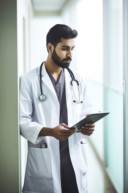 Fotografia di un giovane medico che usa un tablet digitale in ospedale creato con l'AI generativa