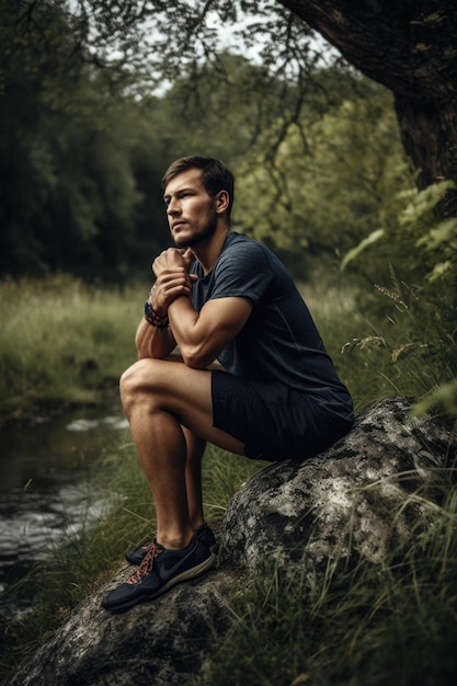 Fotografia di un giovane sportivo che si allunga prima del suo allenamento in natura