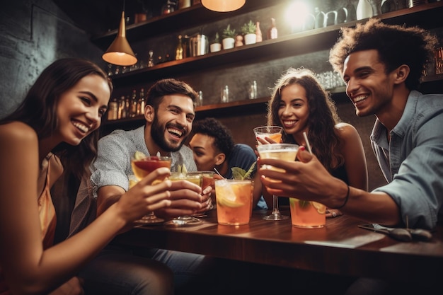 Fotografia di un gruppo di amici seduti a gustare cocktail insieme creata con l'AI generativa