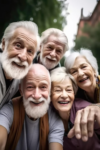 Fotografia di un gruppo di anziani che si fanno dei selfie insieme creata con l'AI generativa