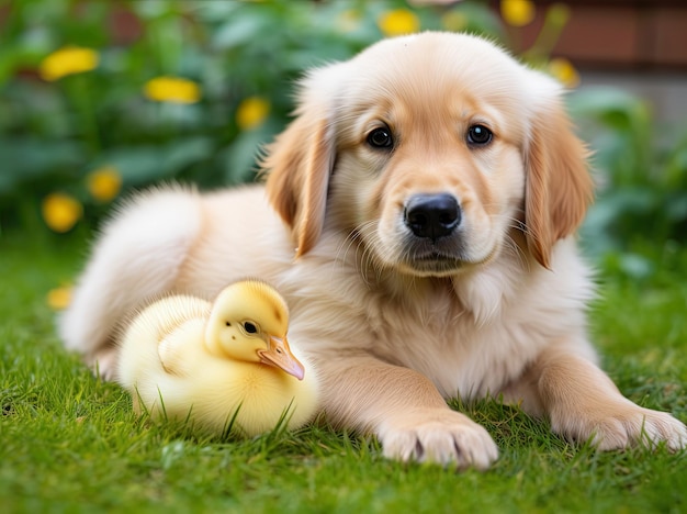 Fotografia di un gruppo di cuccioli di golden retriever e di anatre