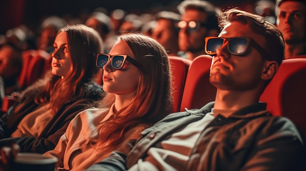 fotografia di un gruppo di giovani che indossano occhiali 3D e guardano film al cinema