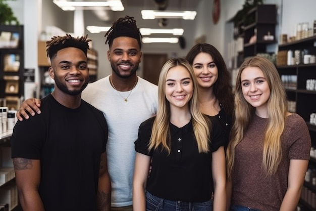 Fotografia di un gruppo di giovani imprenditori in piedi insieme nel loro negozio creato con l'AI generativa