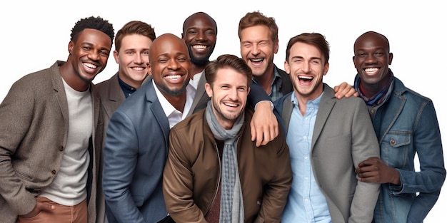 Fotografia di un gruppo di uomini adulti felice stile eccitato del design del sito Web vuoto sfondo bianco bella nazionalità mista tecnologia generativa di intelligenza artificiale