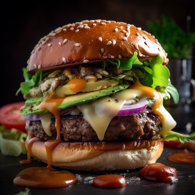 Fotografia di un hamburger gourmet con condimenti di grande impatto visivo insalata pomodoro carne salsa di cipolle